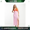 香港直邮潮奢 ASOS 女士设计亚麻V领长款连衣裙粉色红色色块背心