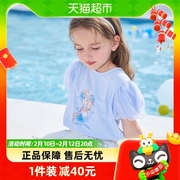 迪士尼女童短袖t恤2023夏儿童(夏儿童)半袖，纯棉中大童艾莎泡泡袖上衣