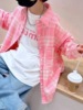 男女童春装粉色格子衬衫外套，+长袖t恤打底衫两件套装2024儿童