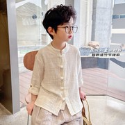 男童棉麻衬衫夏季2023年中大童上衣儿童中国风，盘扣衬衣洋气潮