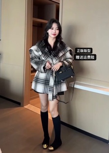 韩国东大门海军领格子双面羊绒大衣女2024春季系腰带羊毛外套