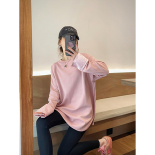 爱情魔鬼鱼 粉色设计感拼接长袖T恤女2024春装中长款宽松上衣