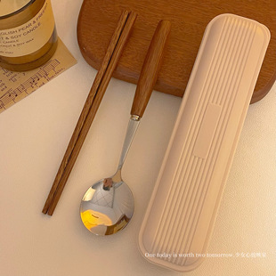 实木质餐具筷子勺子，套装高颜值不锈钢一人，用外出自带便携收纳盒子