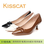 kisscat接吻猫2024春款细跟高跟鞋尖头浅口女鞋，单鞋气质通勤漆皮