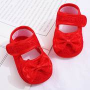 新生婴儿软底一周岁红色鞋子秋冬款女宝宝可爱百日宴公主鞋蕾丝鞋