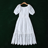 3.21高货美美镂空刺绣，灯笼袖收腰纯白色，棉质连衣裙长裙