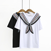 2023夏季韩版大码女士休闲套头衫时尚圆领海军风飘带短袖宽松T恤