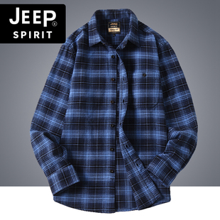 jeep吉普男装格子长袖，衬衫春秋冬季宽松百搭磨毛，休闲外套衬衣男潮