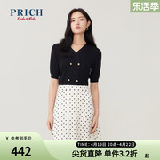 PRICH连衣裙春夏款点波点印花缎面奢华拼接复古通勤裙子