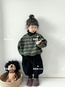 韩版童装儿童中性复古森系，抓绒条纹圆领长袖卫衣卫裤男女童两件套