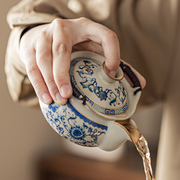 汝窑盖碗茶杯开片可养青花，功夫茶具单个茶壶高档防烫手抓壶泡茶杯