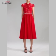 女士连衣裙夏名媛高雅红色立领系带蕾丝拼接钻扣纯色中腰盖袖长裙