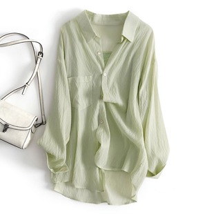 法式夏季绿色薄款防晒衬衫女设计感小众，休闲上衣天丝雪纺衬衣
