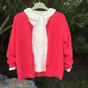法国外贸女童毛衣红色长袖可爱超柔开衫外套欧美洋气宝宝上衣