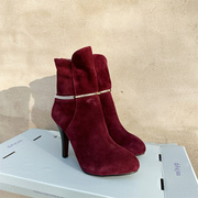 秋冬女士超高跟时尚靴子金属，酒红色侧拉链高跟鞋子道具鞋
