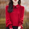 红色羊绒衫女24春洋气翻领烫钻羊毛针织打底衫上衣
