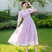 美妃紫色雪纺印花长袖，仙女气质连衣裙2023春夏，显瘦小个子薄款