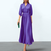 紫色连衣裙气质奢华缎面长裙及踝单排扣裙子七分袖女秋季2023