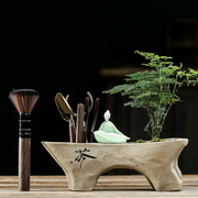 创意陶瓷纯铜茶道六君子套装配绿植文竹黑檀木家用功夫茶具配件