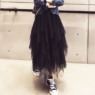 韩国23不规则高腰网纱蓬蓬裙，中长款裙子黑色，纱裙女半身裙春秋