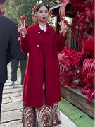 2023新娘订婚高级感超好看新中式毛呢外套女结婚红色大衣