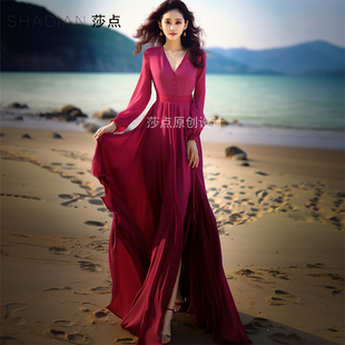 法式连衣裙新玫红色雪纺，长款裙子优雅气质，收腰显瘦海边度假沙滩裙