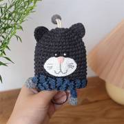韩版可爱棉毛线抽拉式针织卡，通车钥匙扣配件，挂件编织小黑猫钥匙包