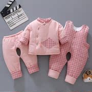 新生婴儿棉衣套装加厚冬季男宝宝衣服，0-1岁女棉袄背带三件套外出