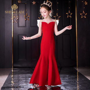 儿童礼服女模特走秀中大童晚礼服长款红色中国风主持人钢琴演出服