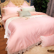 蕾丝四件套床裙花边被套纯棉，60支公主风粉色，床罩贡缎床上用品欧式