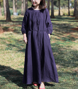 欢喜布衣三季款复古灯笼，袖紫色亚麻系带腰绳圆领宽松连衣裙
