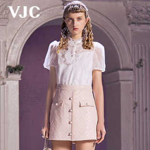 VJC/威杰思春夏女装中式立领蕾丝绣花衬衫休闲短袖上衣