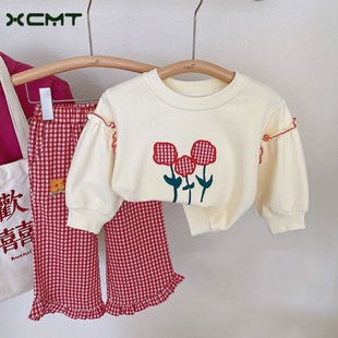 2023女童套装春季运动格子卫衣刺绣上衣儿童韩版休闲两件套