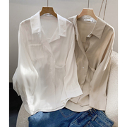盐系白色简洁长袖雪纺衬衫，中长款单排扣百搭上衣时尚休闲洋气j$9