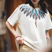 马登女装 复古美式重磅印第安短袖羽毛印花纯棉落肩宽松做旧T恤夏