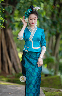 傣王妃服饰傣族传统服装女孔雀蓝，绣花筒裙简约修身旅拍节日休闲服