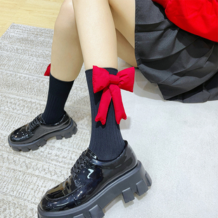 黑色蝴蝶结袜子新年红色过年中长筒纯棉秋冬保暖甜美学院风半腿袜