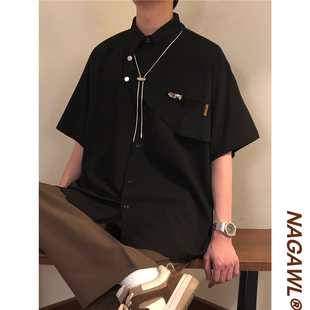 nagawl夏季痞帅美式复古宽松高级感黑色短袖衬衫，男设计感小众