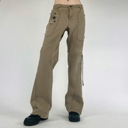 做旧星星牛仔裤女美式2022卡其色线性分割设计垂感直筒长裤