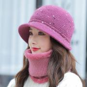韩国妈妈帽子围脖套件女冬户外防风保暖兔毛针织帽中老年兔毛盆帽
