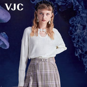 VJC/威杰思秋季女装法式镂空针织衫重工烫钻宽松短款上衣