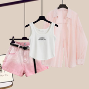 粉色薄款长袖防晒衬衫女夏季2024修身背心吊带设计感牛仔短裤