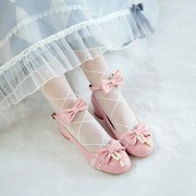 韩版浅口百搭可爱圆头蝴蝶结单鞋，女粗跟珍珠，低跟一字扣公主学生鞋