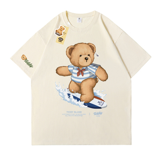 TEDDY ISLAND泰迪熊联名款纯棉短袖t恤2023男女宽松休闲潮牌款T恤