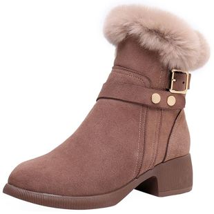 兔毛雪地靴女冬季磨砂牛皮短靴厚底，粗跟加绒加厚棉鞋保暖真皮棉靴
