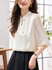 新中式白色雪纺衬衫，女中袖上衣2024夏季设计感小众泡泡袖衬衣