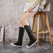 韩版铆钉超高帮帆布靴子，2023年春秋季青年，长筒系带学生平底鞋