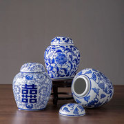 青花瓷罐子带盖家居客厅，中式仿古花瓶插花玄关装饰陶瓷摆件储