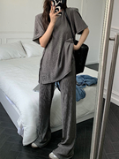 韩版女圆领水波纹垫肩上衣配长裤，套装褶皱垂直休闲拖地裤两件套