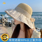 2024款夏季海边度假防晒遮阳草帽，时尚可折叠大帽檐蕾丝雏菊黑胶帽